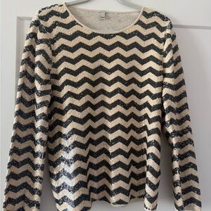 J. Crew Black and Cream Chevron Long Sleeve Top